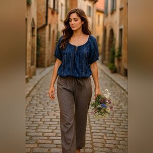 Lavish Blue Peasant Blouse Sz L Boho Festival Top Embroidered Sequin Y2K Style